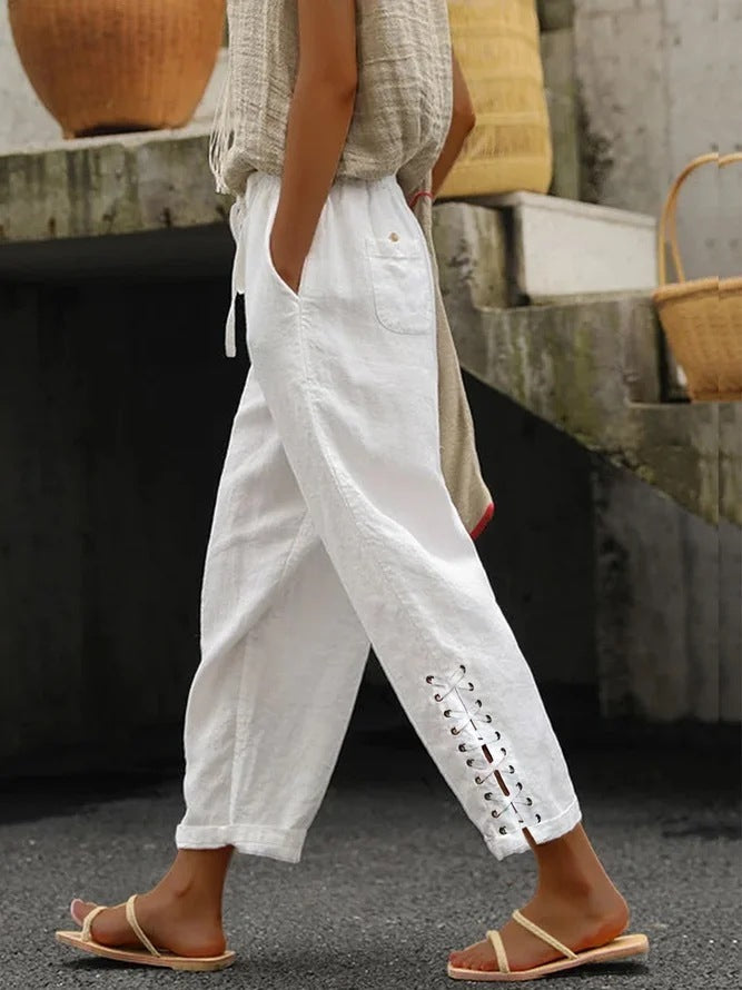 Cotton Linen Solid Color Pocket Sweet Stitching Casual Pants -