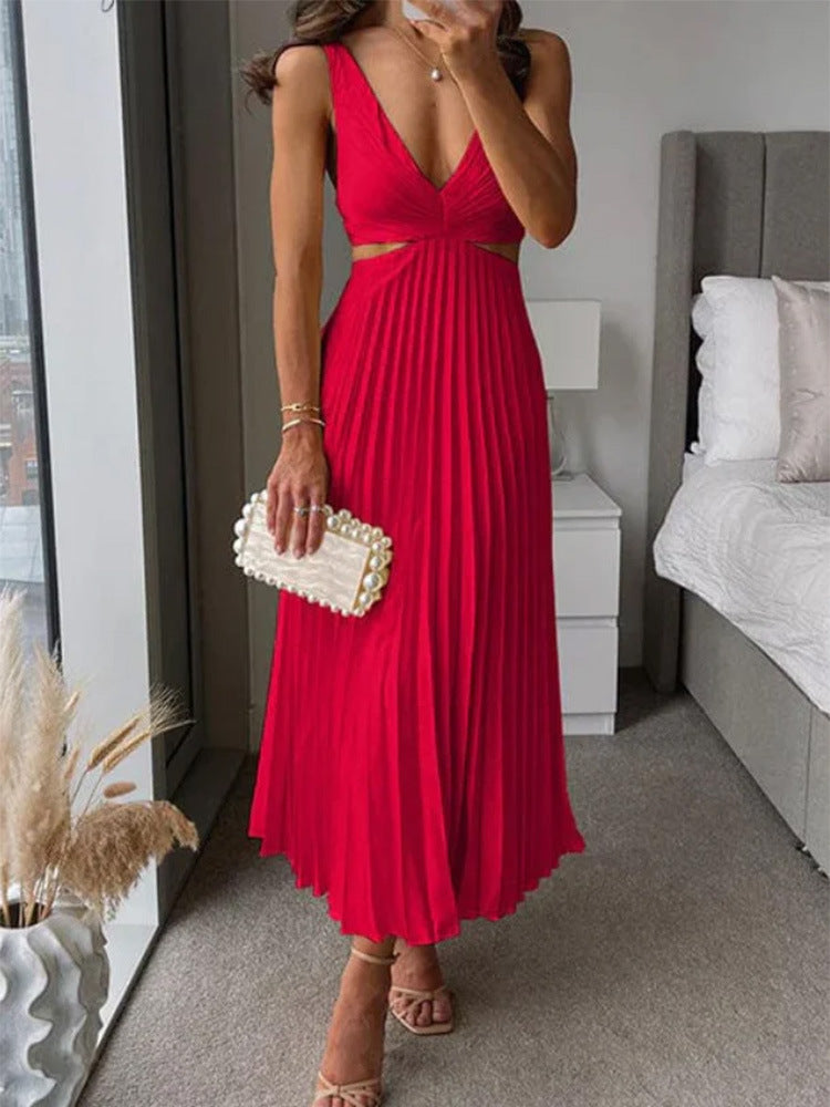Rochie de Vară cu Curele, V-Neck - Talie Decupată, Spate Liber -