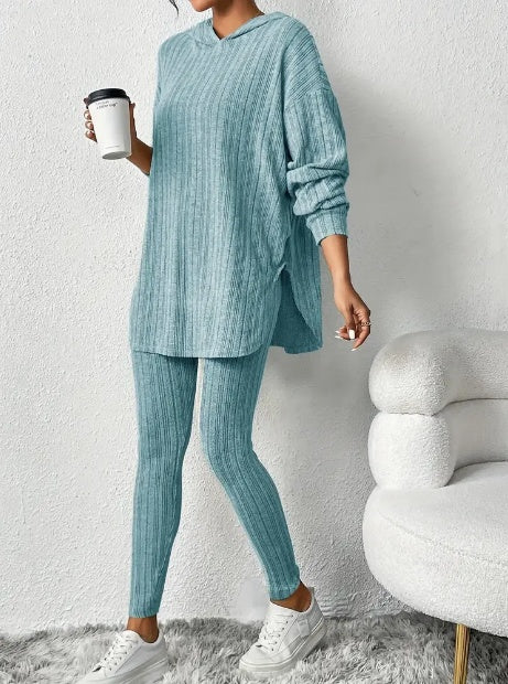 Ribbed Two-piece Set Casual Long Sleeve Hooded Top Skinny Pants Outfits -