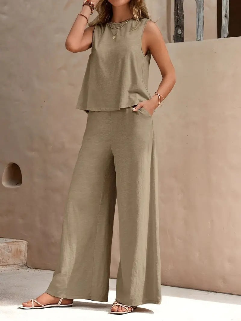 Solid Color Casual Loose Pants Sets For Women Elegant Spring Summer Women's Two Pieces Suit Full Trouser Set Female Outfit Clothes -