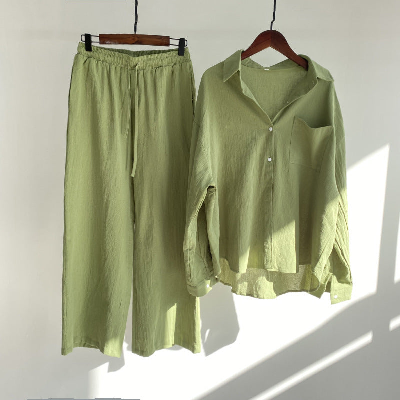 Cross-border Women's Ancient Cotton And Linen Shirt Outfit High Waist Loose Trousers -