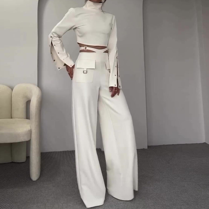 High Collar Midriff-baring Loose Wide Leg Library Suit -