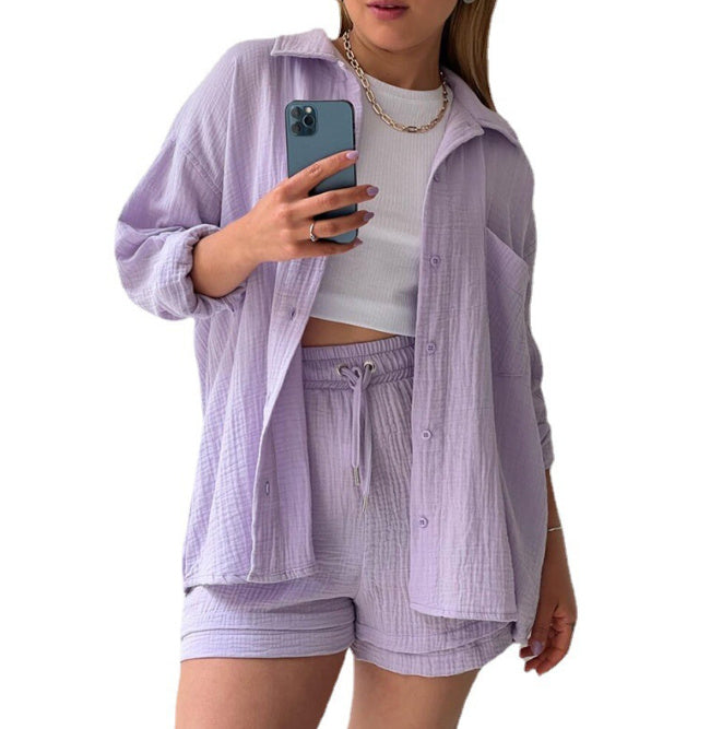 Women's Wrinkled Fabric Lapel Long Sleeved Shirt Shorts Fashion Casual Set -