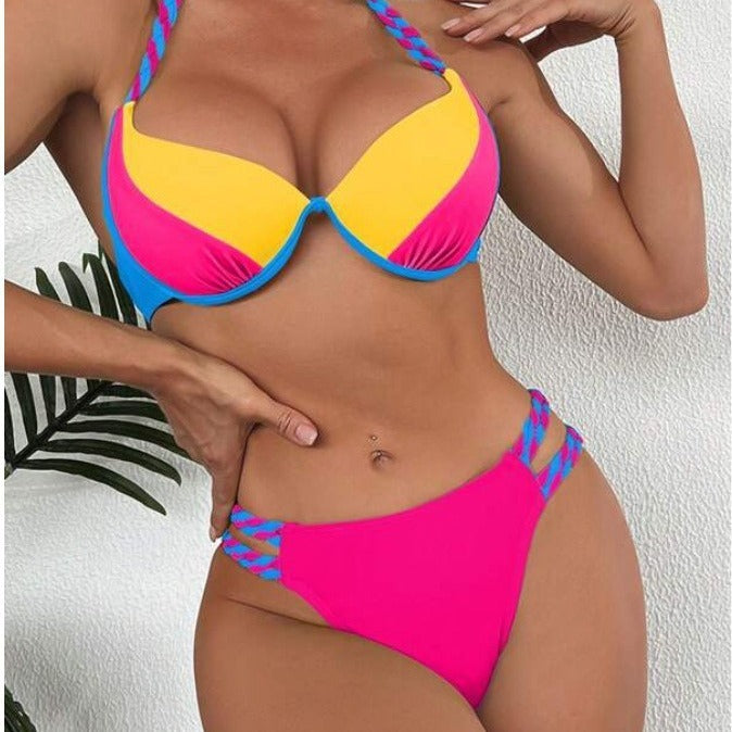 Women's Fashion Temperament Color Matching Triangle High Waist Bikini Swimsuit Two-piece -