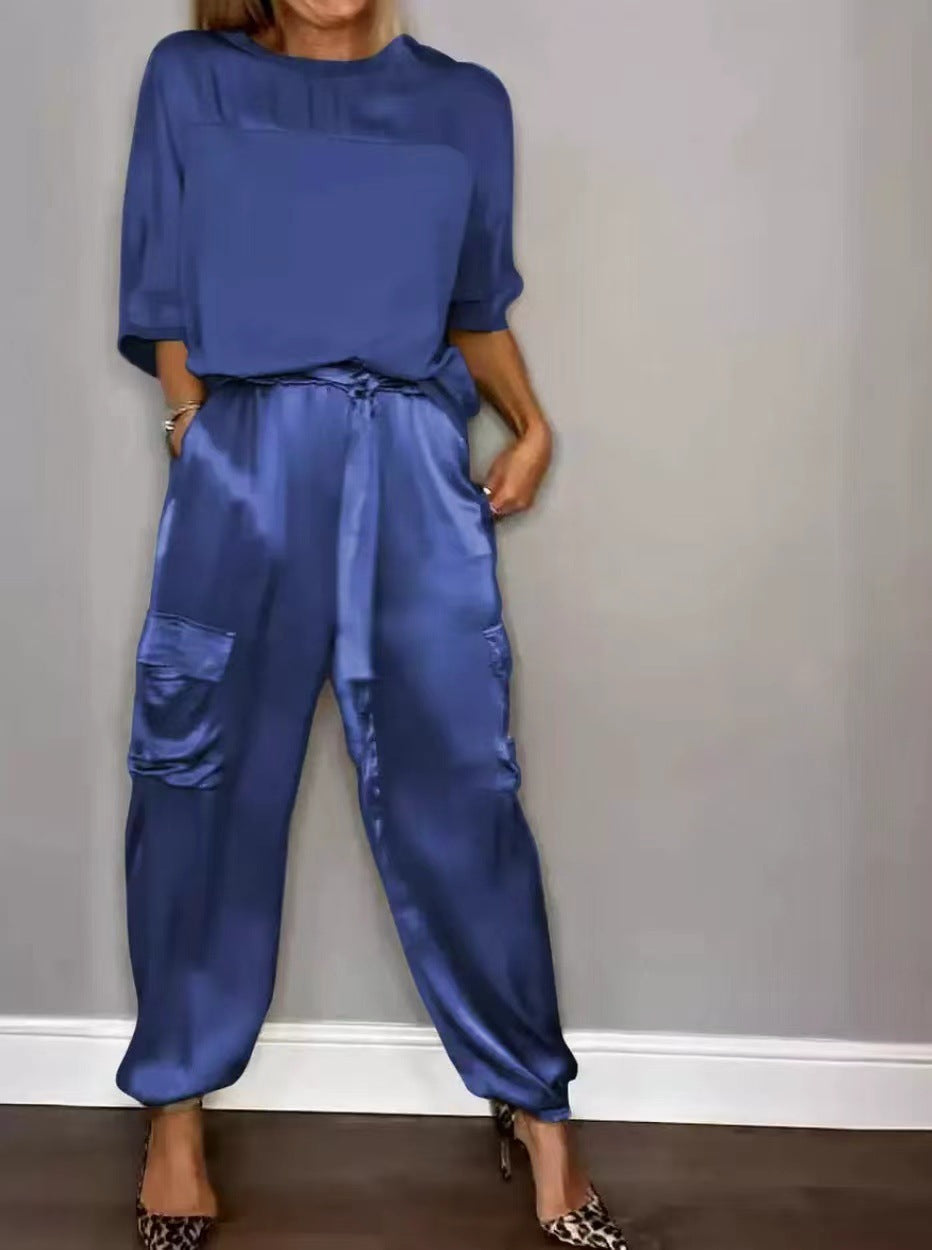 Fashion Women's Smooth Satin Half Sleeve Top Blouse And Pants Two-piece Set -