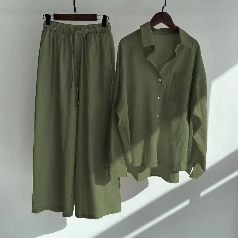 Cross-border Women's Ancient Cotton And Linen Shirt Outfit High Waist Loose Trousers -