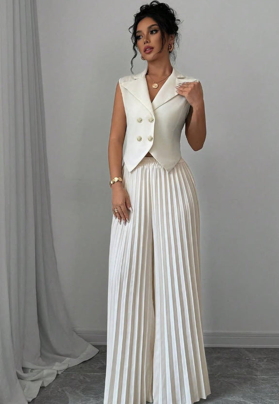 Summer Sleeveless Suit Fashion Lapel Button Vest Top And Pleated Straight Pants Women's Trousers Set Clothing JOJO Lingerie