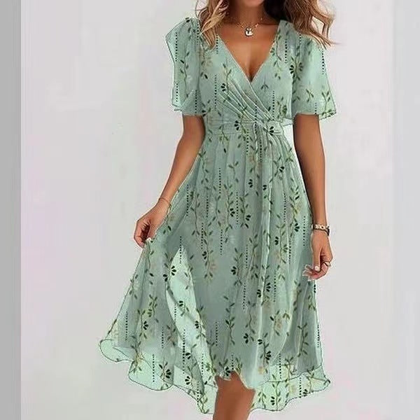 Rochie Elegantă de Vară din Chiffon - Imprimeu Floral, Decolteu V -