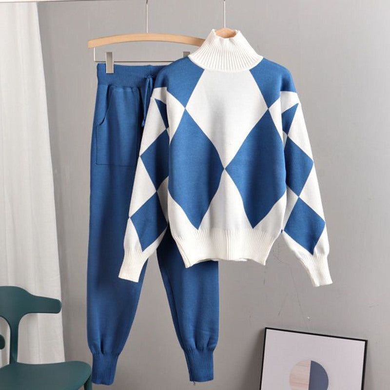 Women's Long Sleeved Trousers Knitted Two-piece Set -