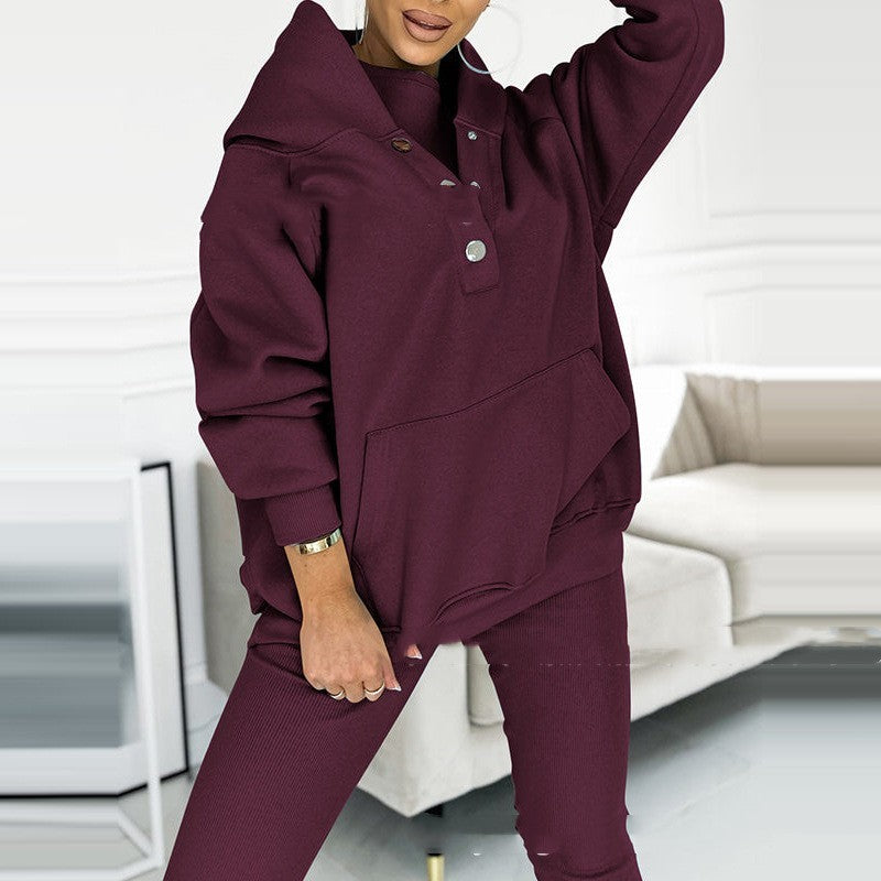3pcs Women's Sports Suit Loose Hooded Pockets Sweatshirt And Vest And Slim Trousers -