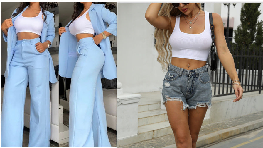 Pure Color Split Sleeve Lapel Suit Straight-leg Pants Suit Women -