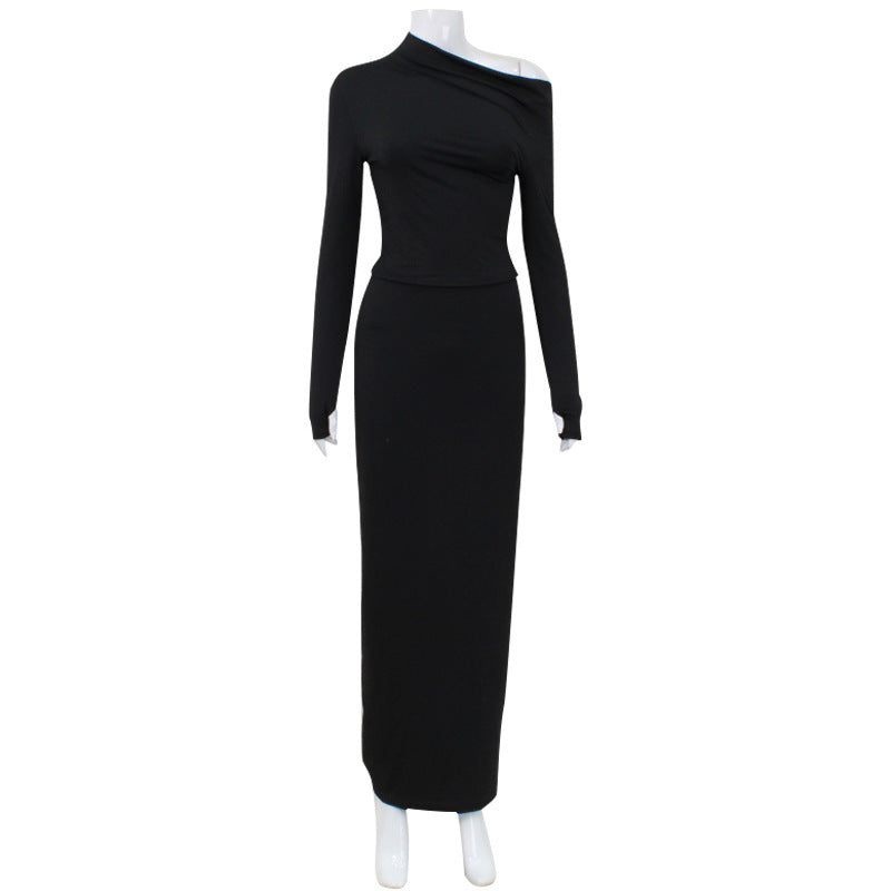 Irregular Long Sleeve Top Sheath Slim-fit Mid-length Skirt Two-piece Suit -