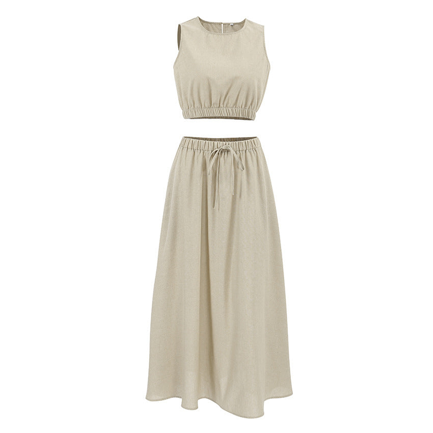 Ladies New Ramie Vest Long Skirt Casual Khaki Suit -