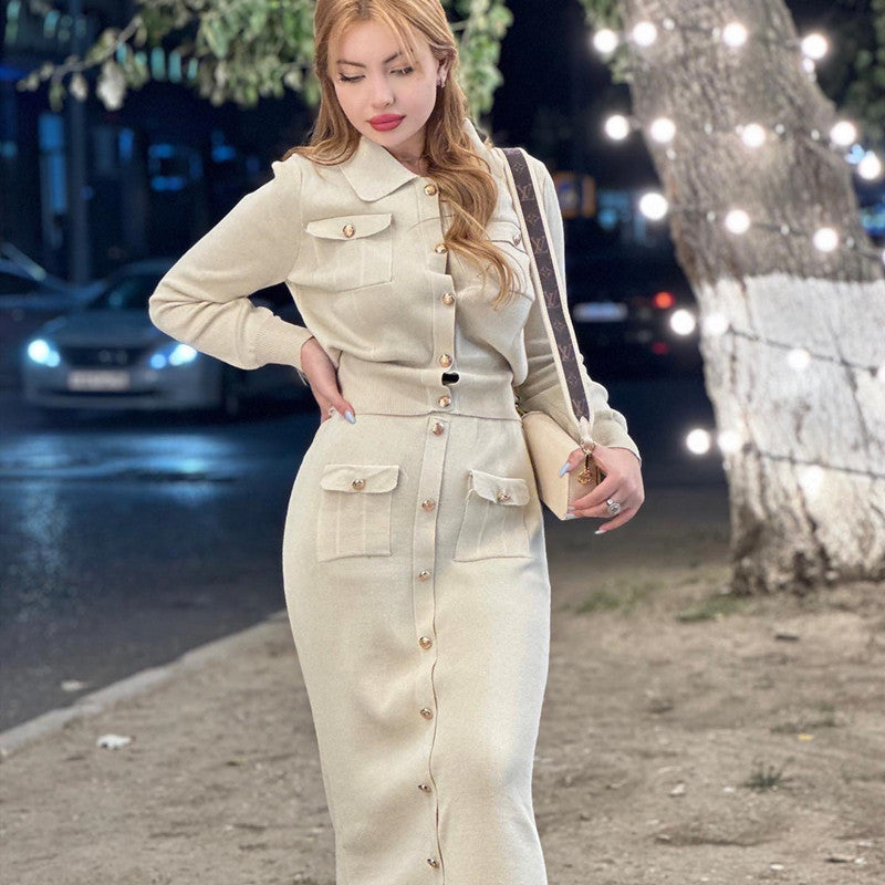 Elegant Pleated Slim-fit Lapel Woolen Skirt Two-piece Suit -