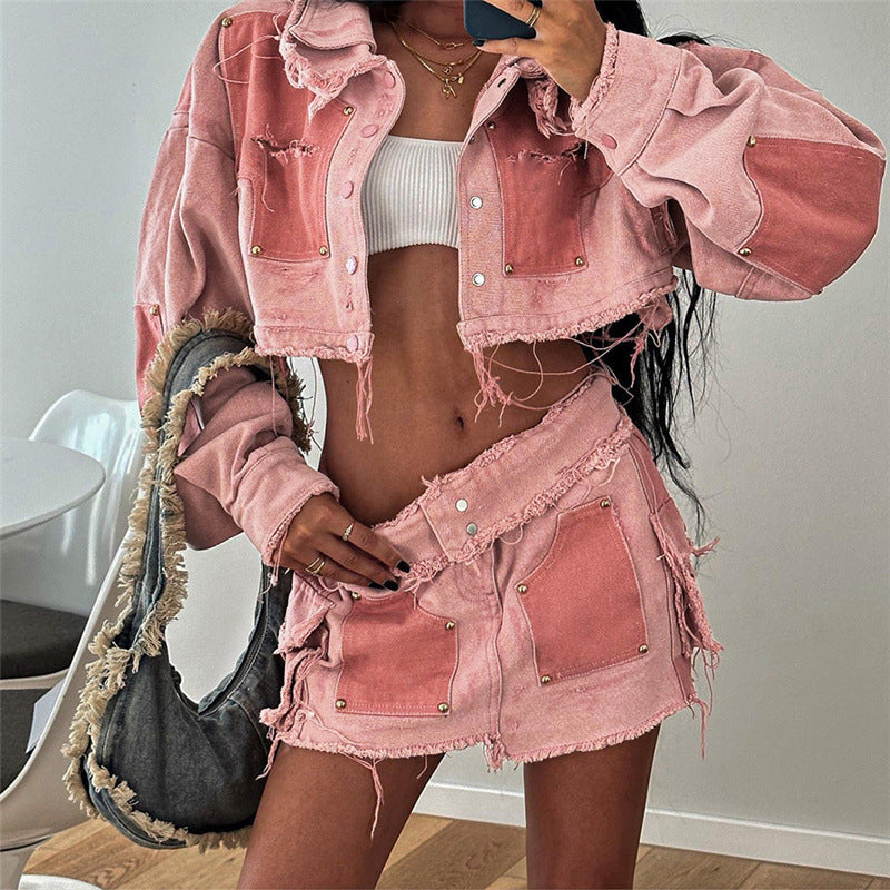 Women's Fashion Leisure Cargo Contrast Color Lapels Slim Denim Jacket -
