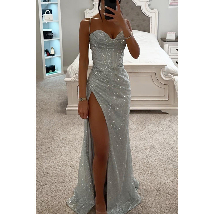 Rochie de Seară cu Curele - Decolteu V, Fentă Sexy, Lungă -