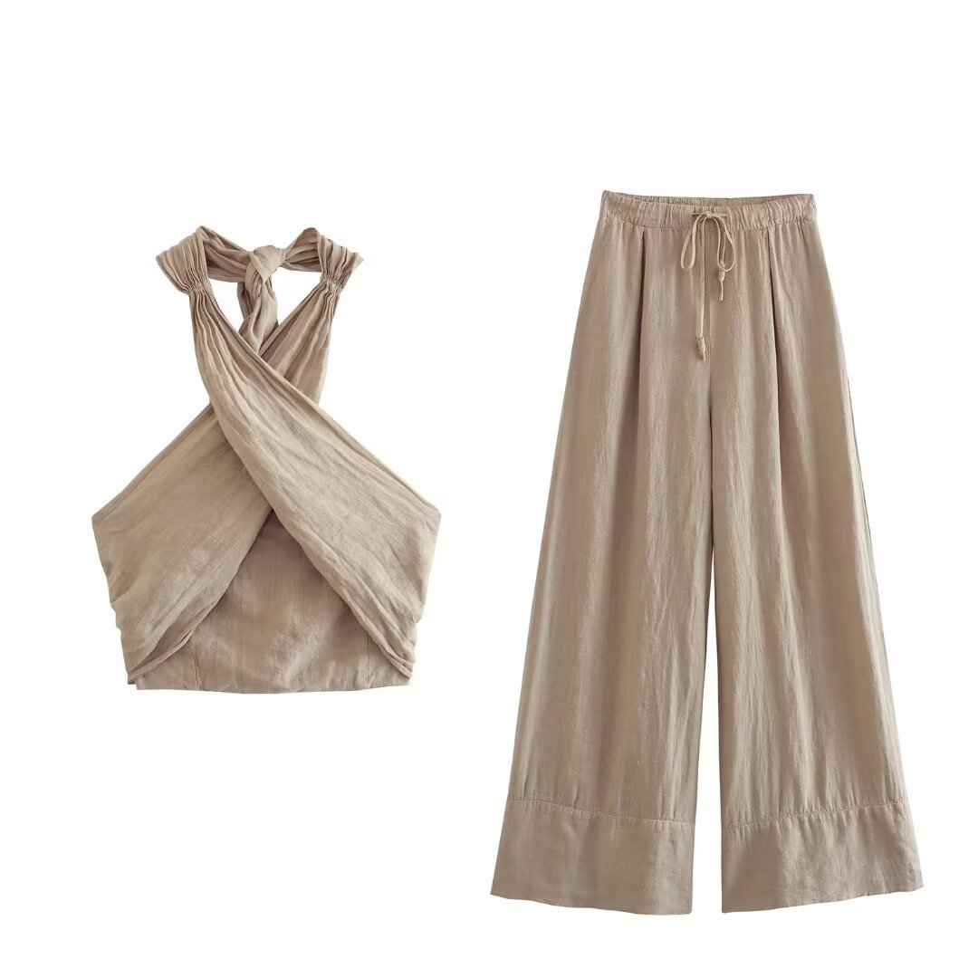 Hanging Collar Linen Top Wide Leg Pants Suit -
