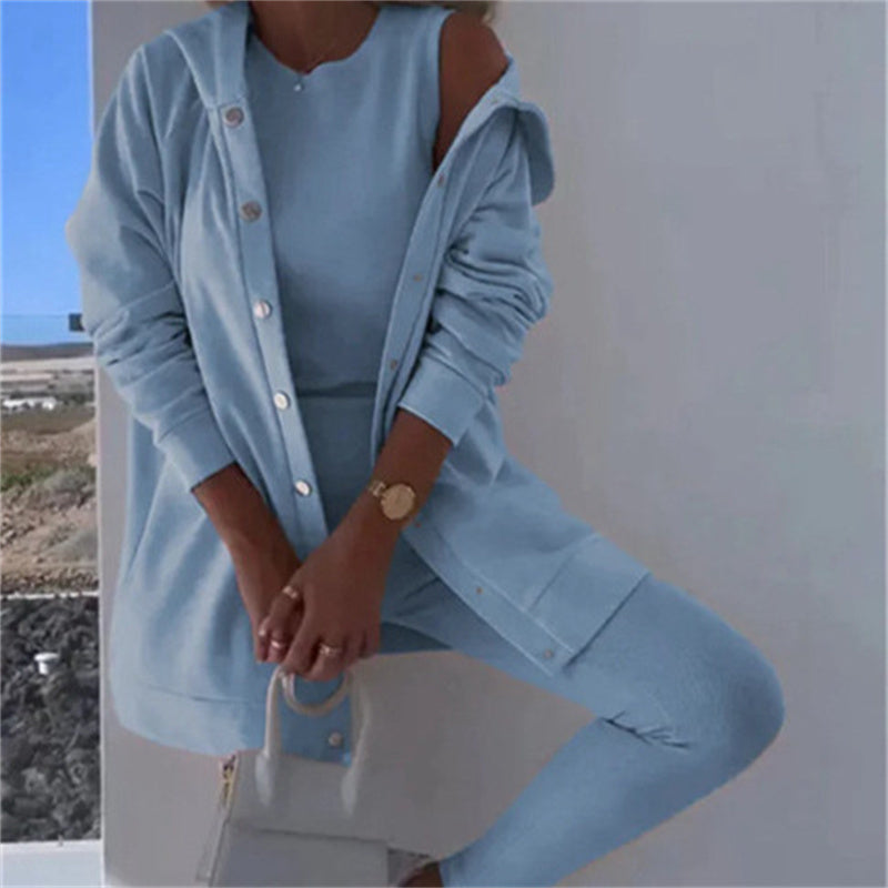 Women's Fashion Sports And Leisure Hooded Sweater Vest Pants Three-piece Set -