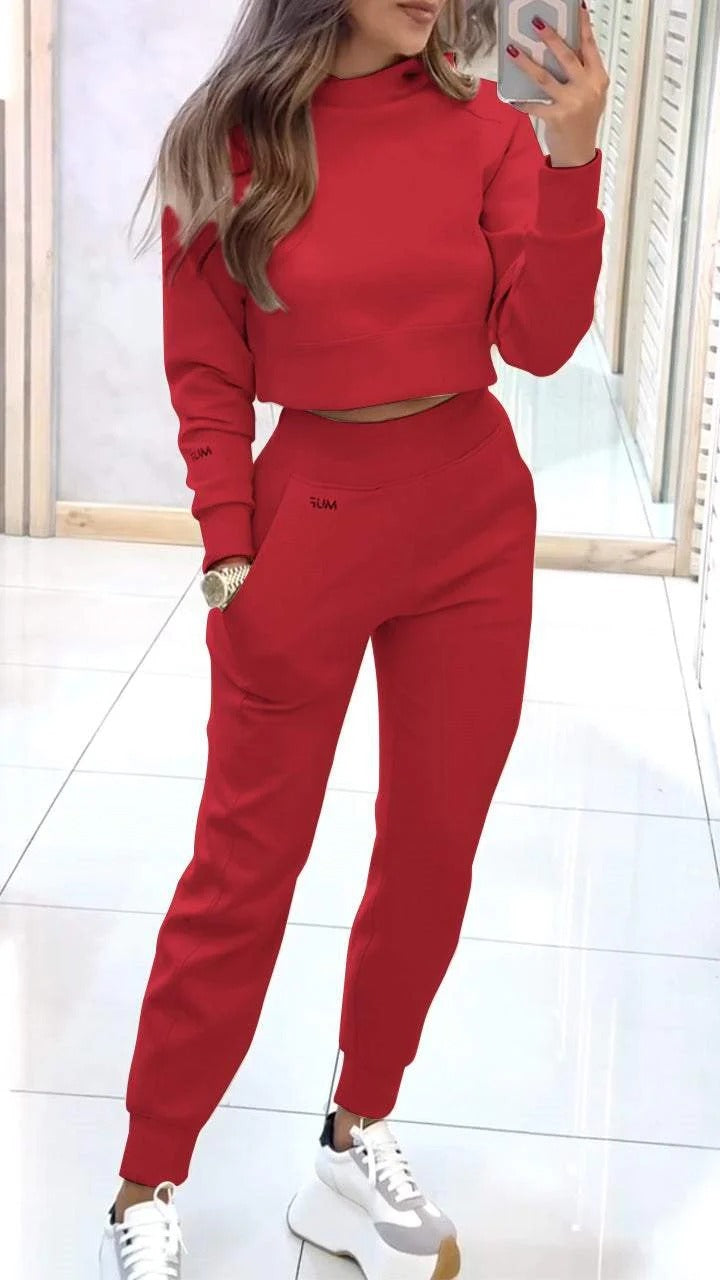 Set Sport-Casual Feminin: Top Mâneci Lungi, Pantaloni Drepți cu Buzunare -