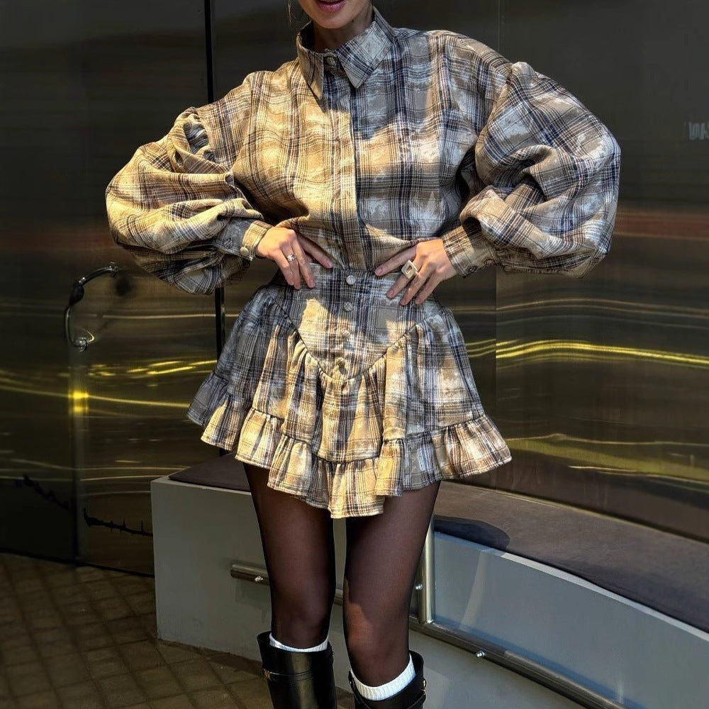 Women's Plaid Design Ruffled Suit -