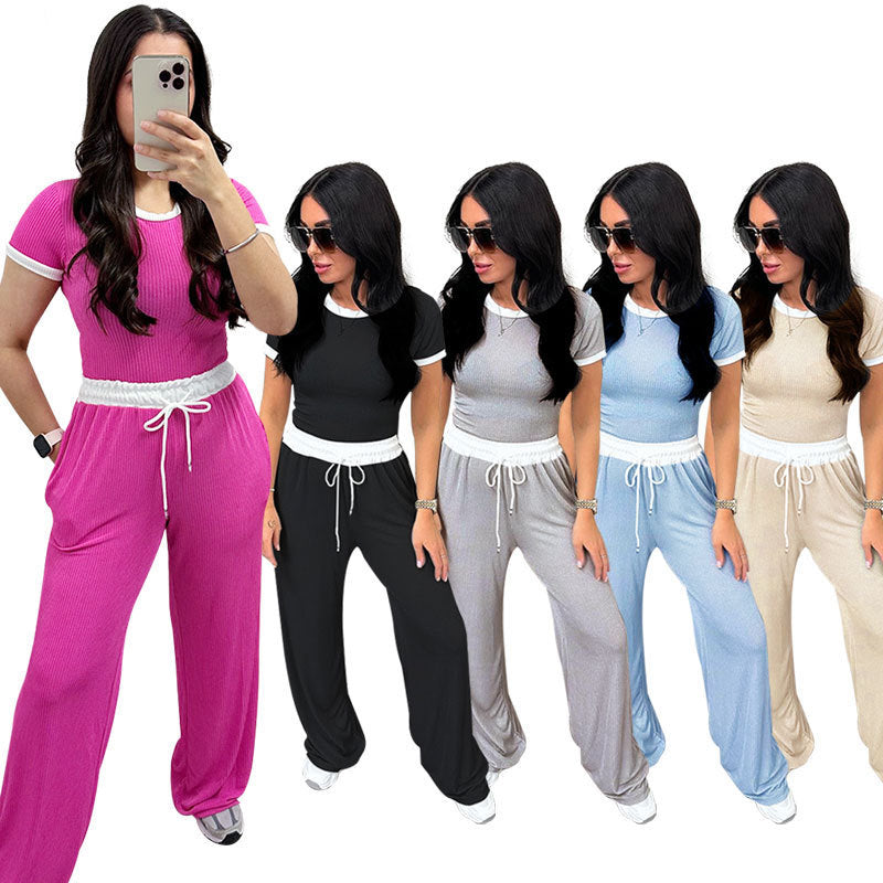 Round Neck Contrast Color Women's Fashion Casual Wide-leg Pants Sports Suit -