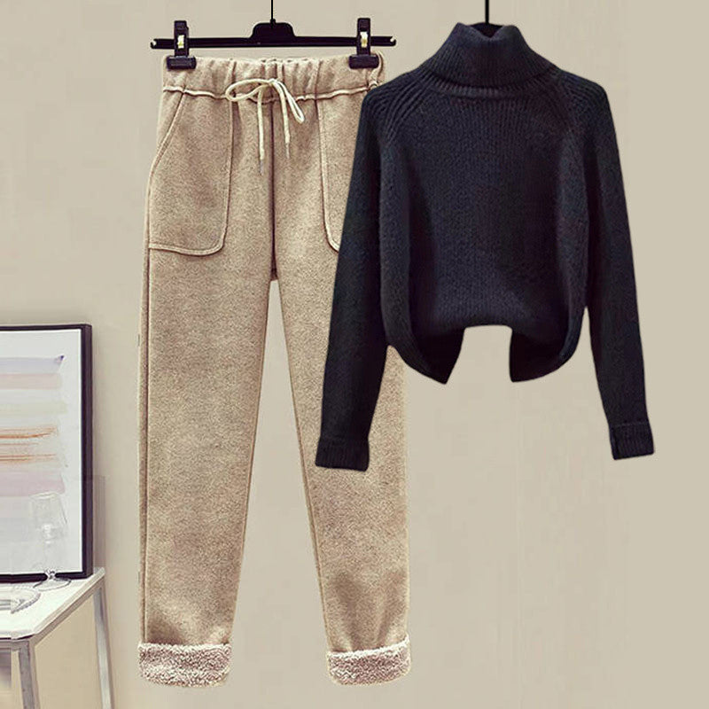 Lamb Wool Fur Sweater Casual Pants Three Piece Set Fashion Suit Women -