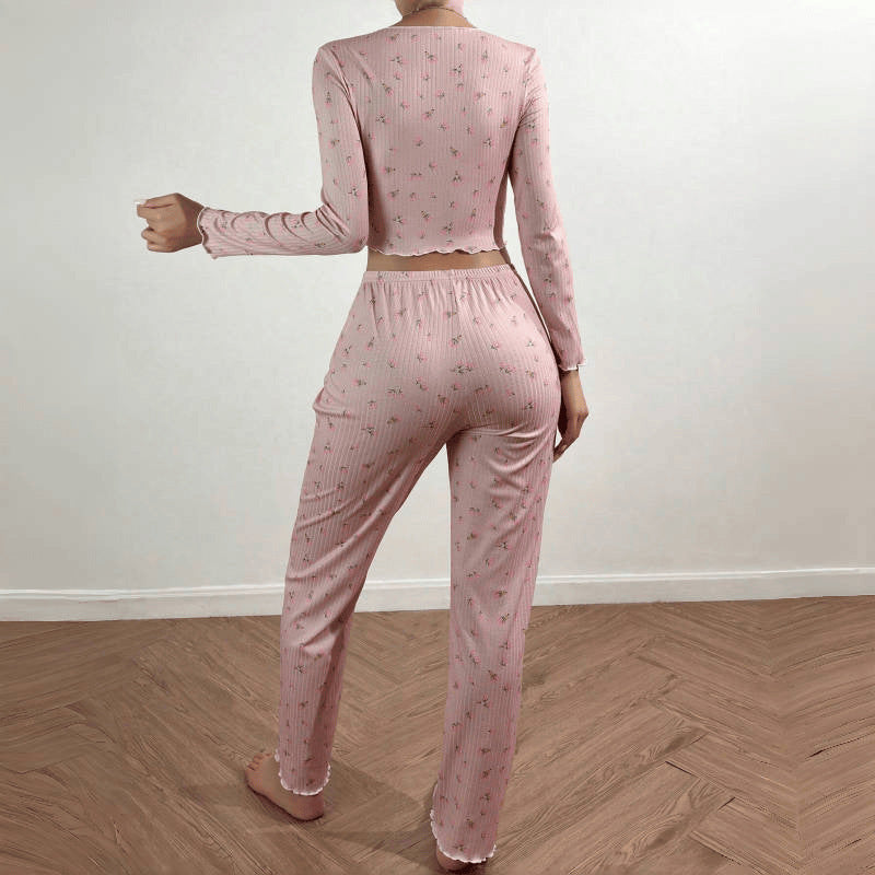 Home Wear Casual Printed Trousers Long Sleeve European And American Suitable For Daily Wear Two-piece Set -