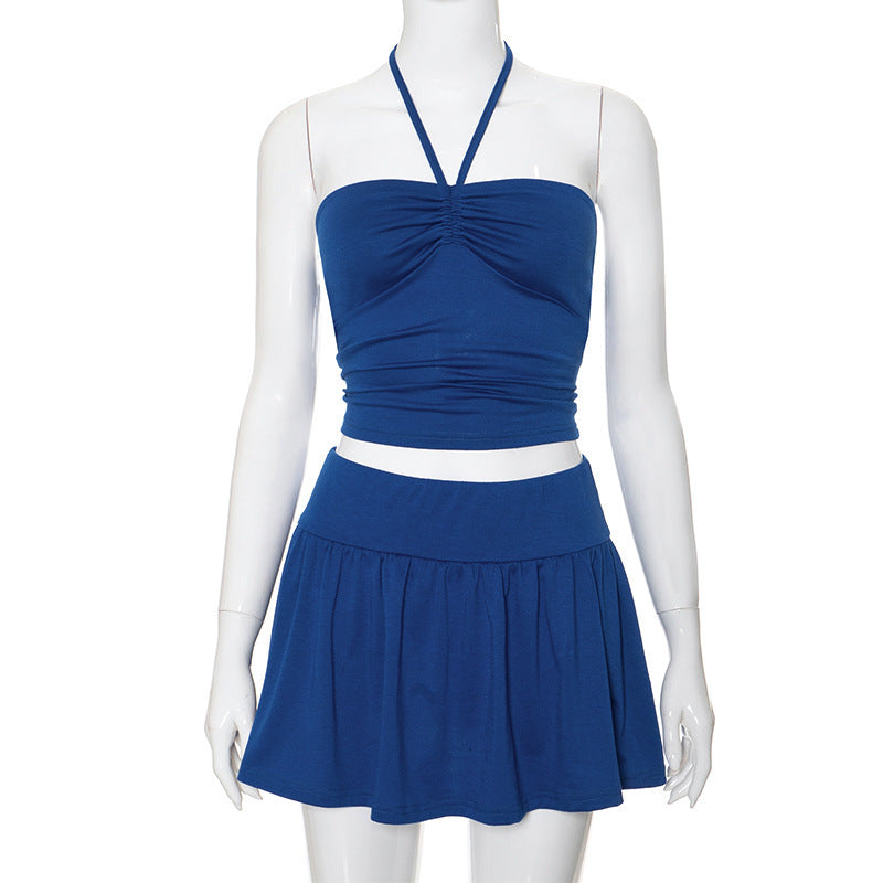 Women's Suits Summer Sleeveless Tube Top And Pleating Skirt Y2K Hot Girl Mid-length Dress Set -