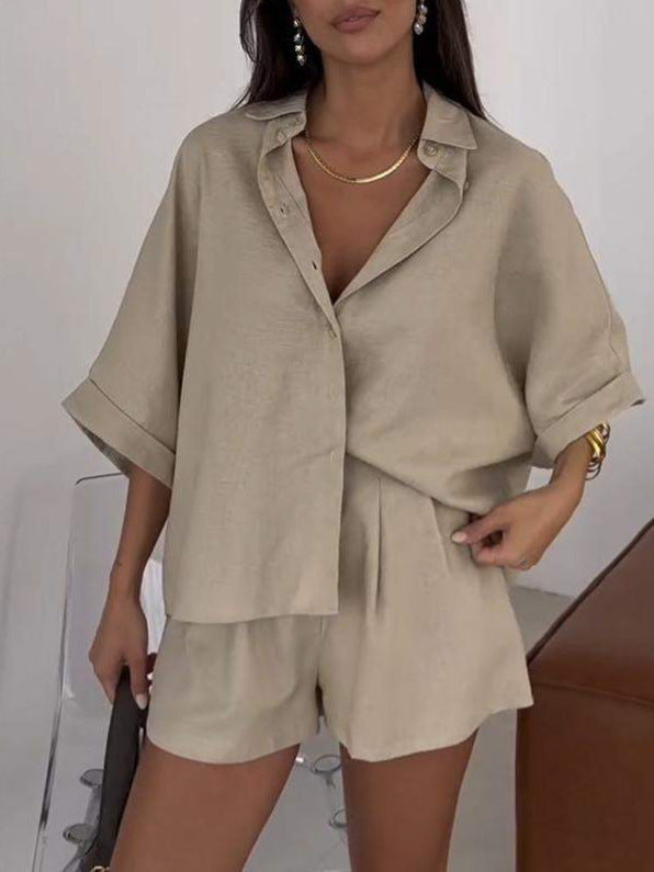 Fashion Polo Collar Half Sleeve Top And Shorts Two-piece Set -
