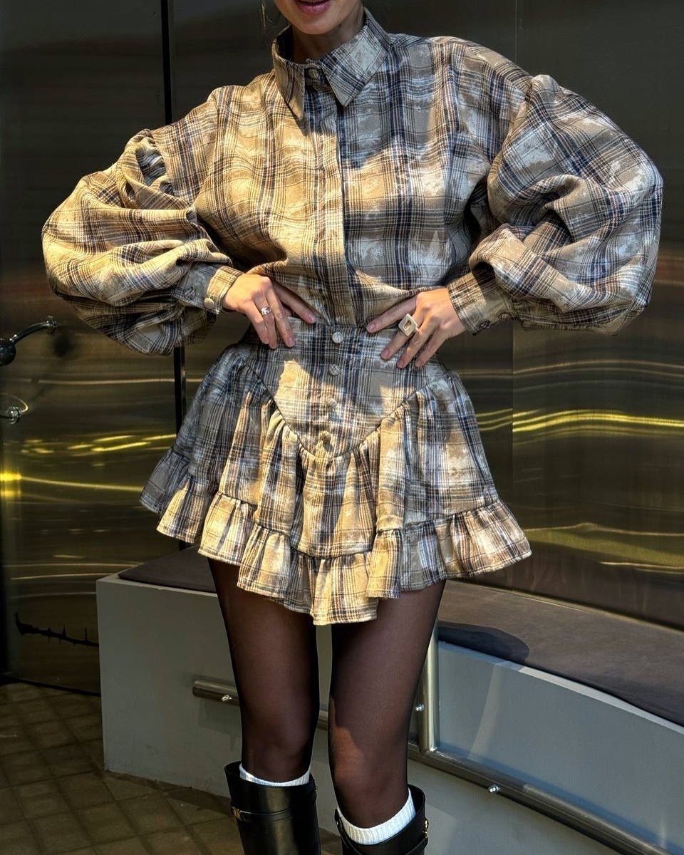 Women's Plaid Design Ruffled Suit -