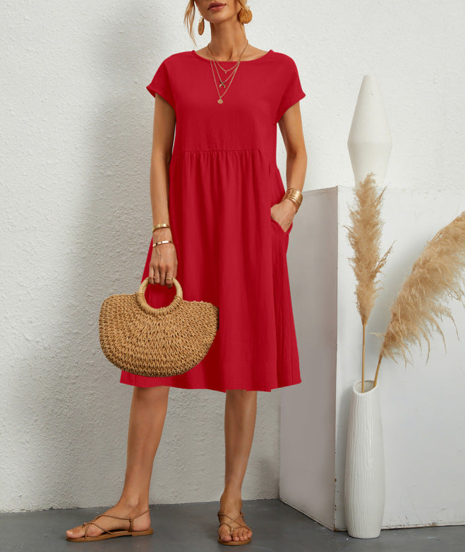 Rochie Vara Buzunare A-Line - Guler Rotund, Casual Elegantă, Culori Uni -