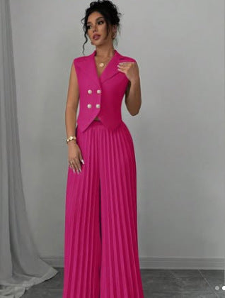 Summer Sleeveless Suit Fashion Lapel Button Vest Top And Pleated Straight Pants Women's Trousers Set Clothing JOJO Lingerie