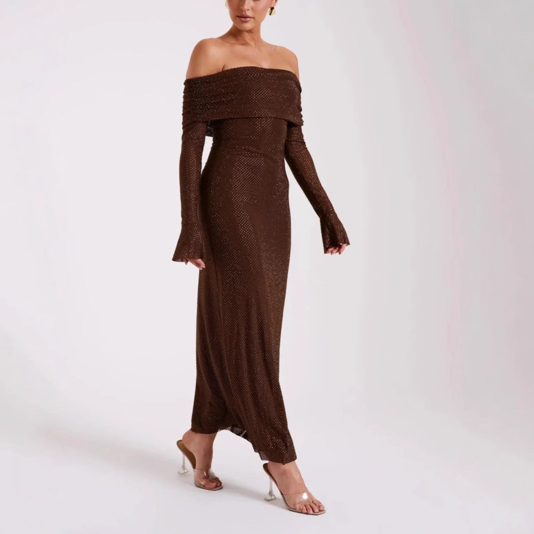 Sexy Luxury Strapless Long Sleeve Slim Rhinestone Noble Dress -