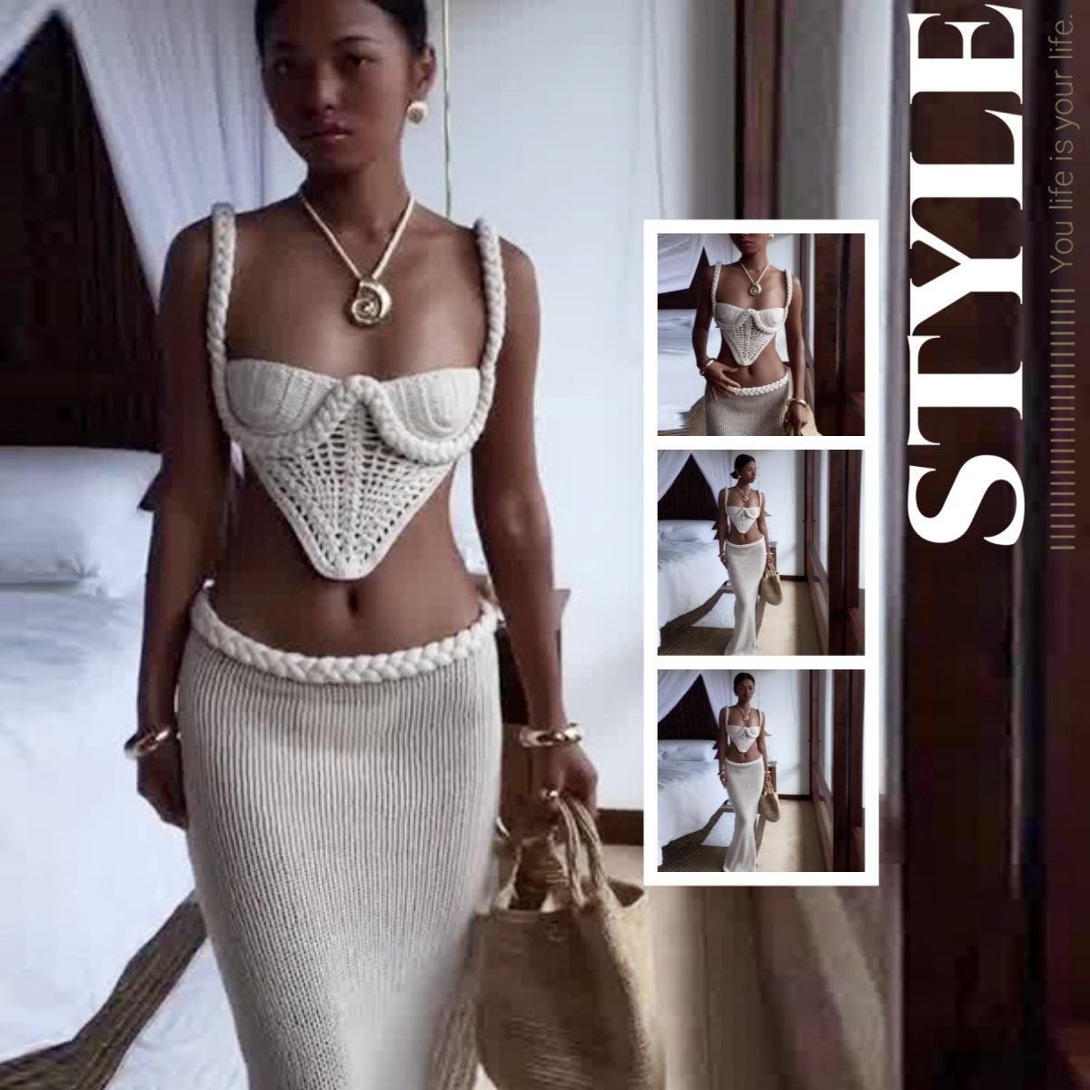 Y2K Crochet Knit 2 Piece Skirt Set Women's Square Collar Camisole Hip Skirt Hollow Out Strapless Tube Top Low Waist Bodycon Maxi Skirts Outfit -