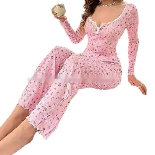 Small Floral Print Lettuce Edge Lace Collar Button Pajamas Suit -