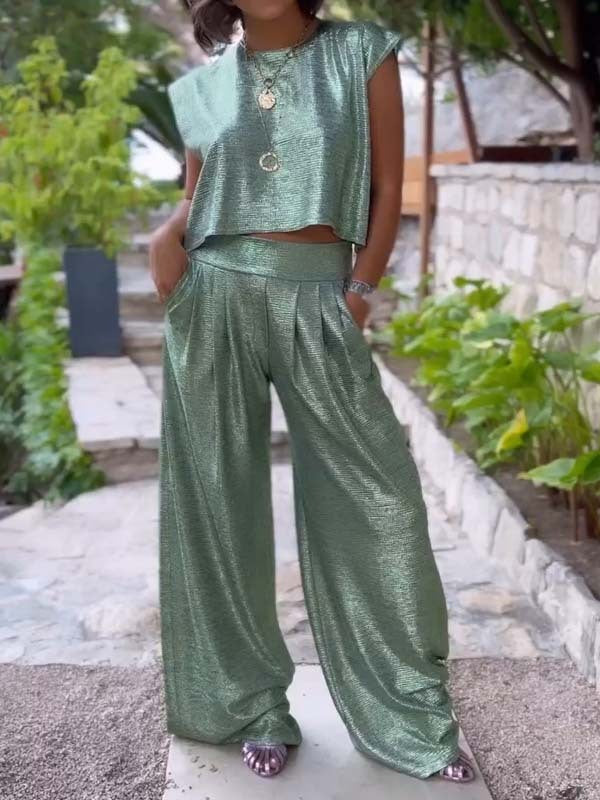 Women's Casual Glossy Vest Wide Leg Pants Two-piece Suit -