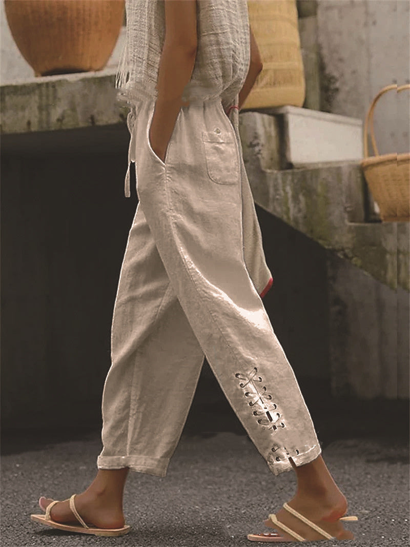 Cotton Linen Solid Color Pocket Sweet Stitching Casual Pants -