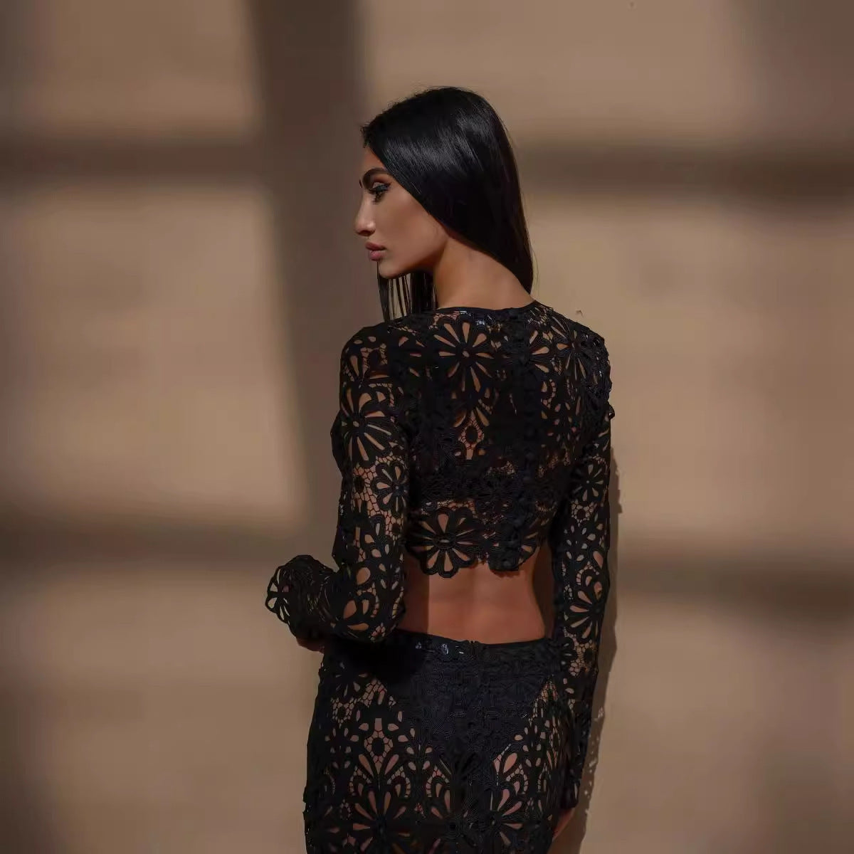 European And American Ladies Slim Fit Hollow-out Lace Tops Skirt Two-piece Suit -