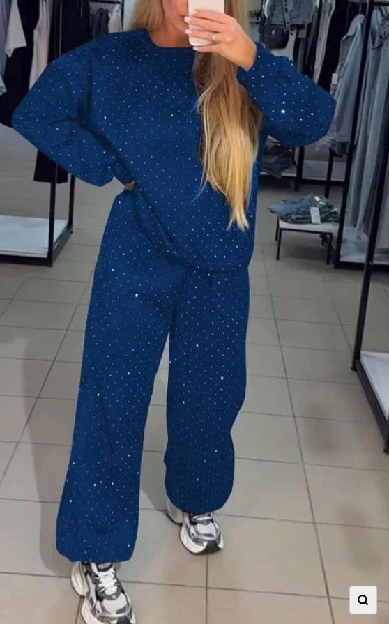 Women's Casual Round Neck Drilling Drawstring Ankle-tied Two-piece Suit -