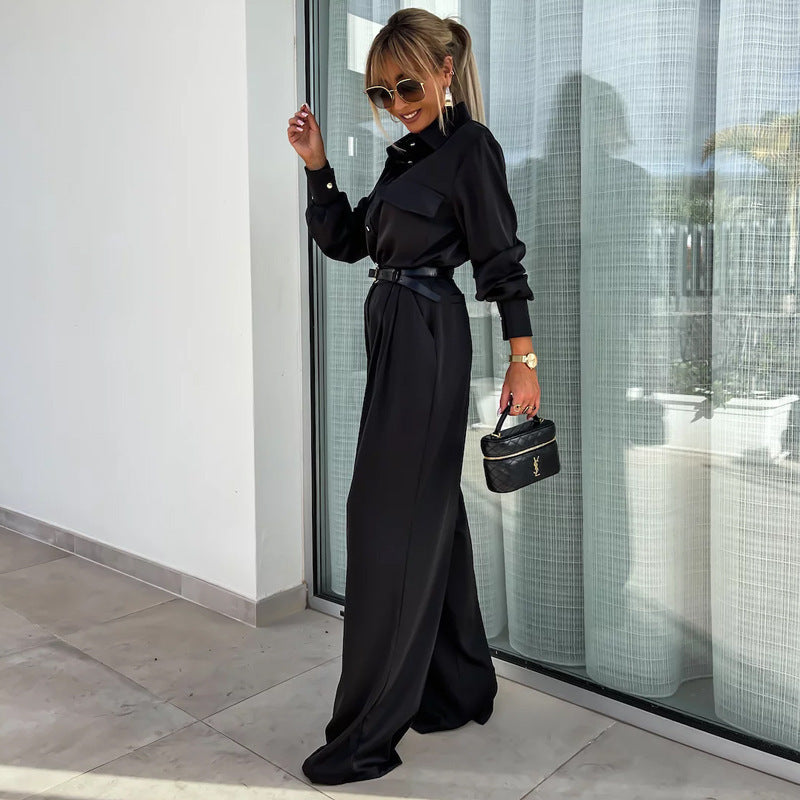 Long Sleeve Faux Pocket Shirt & Loose Trousers Two-piece Set -