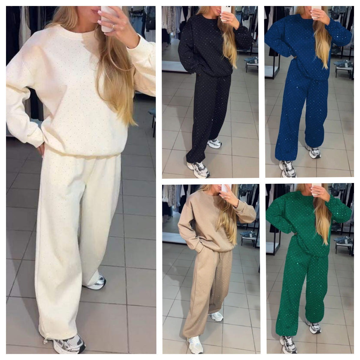 Women's Casual Round Neck Drilling Drawstring Ankle-tied Two-piece Suit -