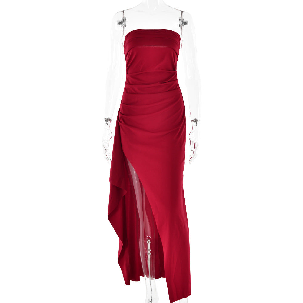 Rochie Eveniment Strapless - Pliuri Elegante, Fentă Laterală -