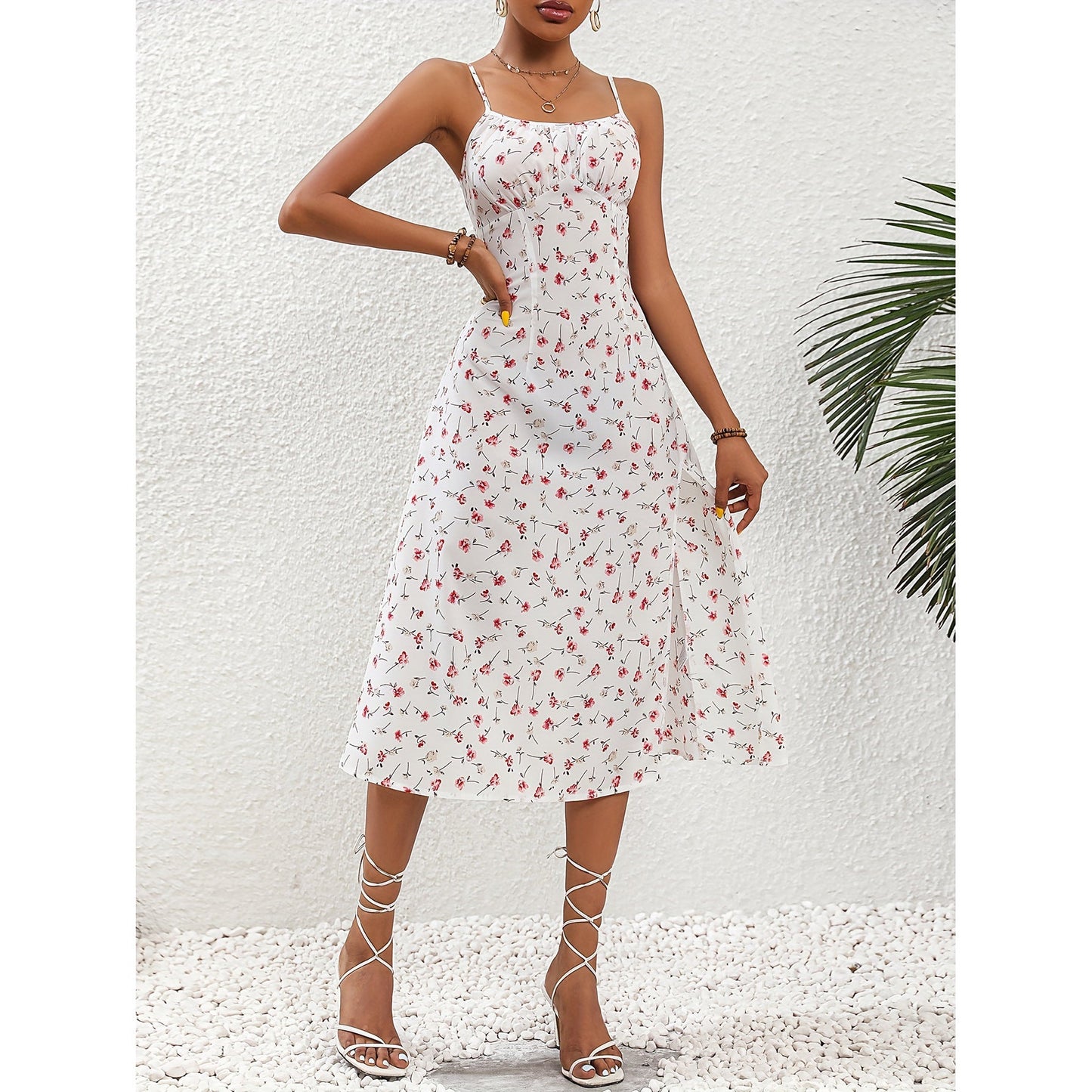 Rochie de Vară cu Suspender și Polka Dot - Material Ușor, Fentă Laterală -