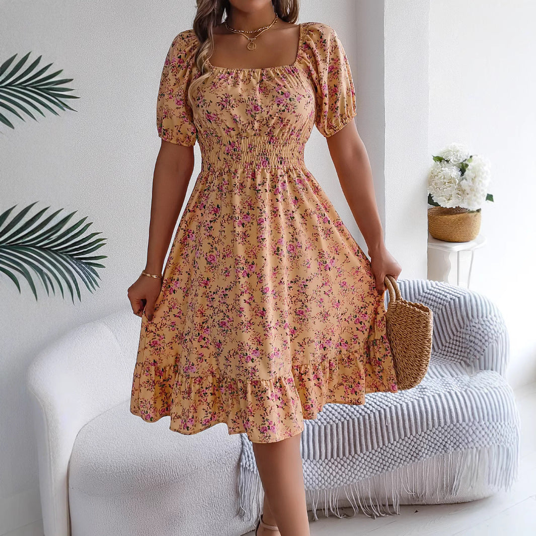 Rochie Vară Florală cu Volane și Guler Pătrat -