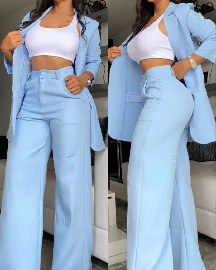 Pure Color Split Sleeve Lapel Suit Straight-leg Pants Suit Women -