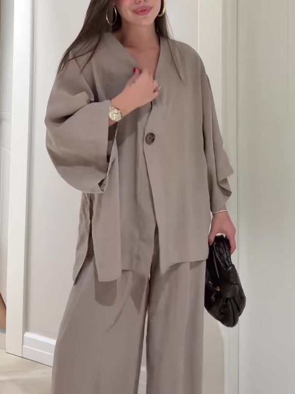 Solid Color Single Button Top And Pants Set -