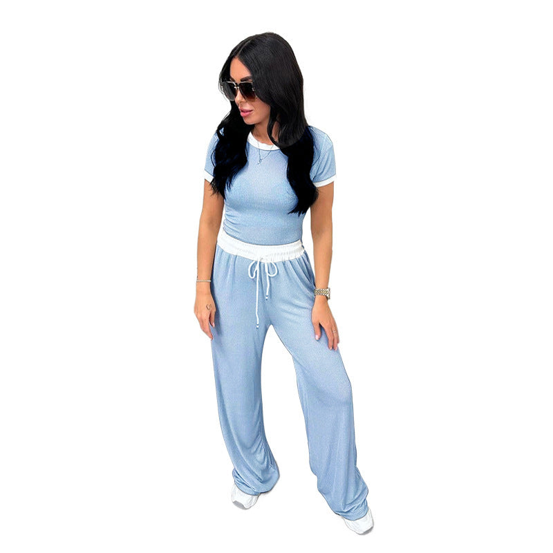 Round Neck Contrast Color Women's Fashion Casual Wide-leg Pants Sports Suit -