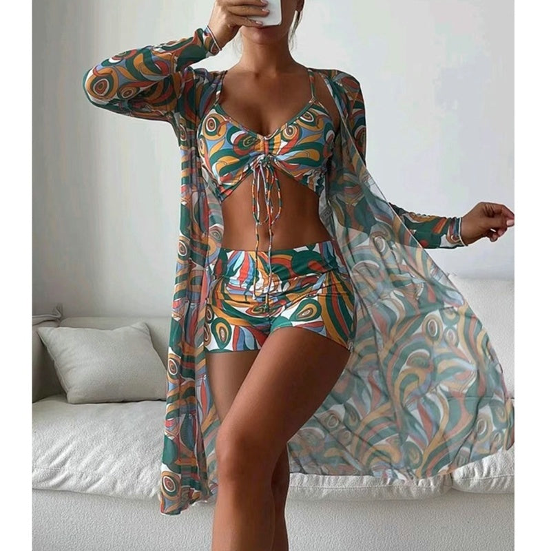 Swimsuit Female Split Three-piece Set High Waist Long Sleeve Smock Drawstring Suit -