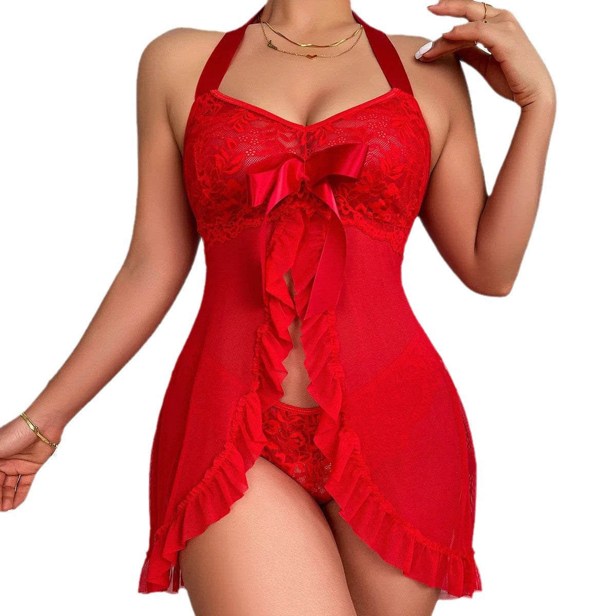 Lace Mesh See-through Halter Nightdress Lingerie -