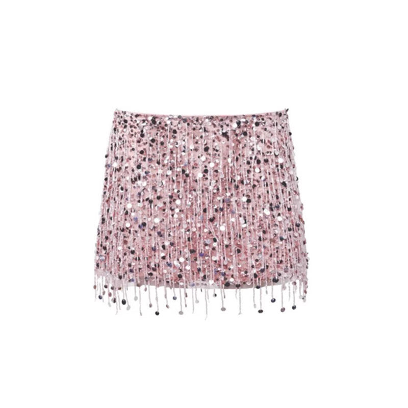 Tassel Sequins Crystal Beads Short Skirt Overall Dress Set -